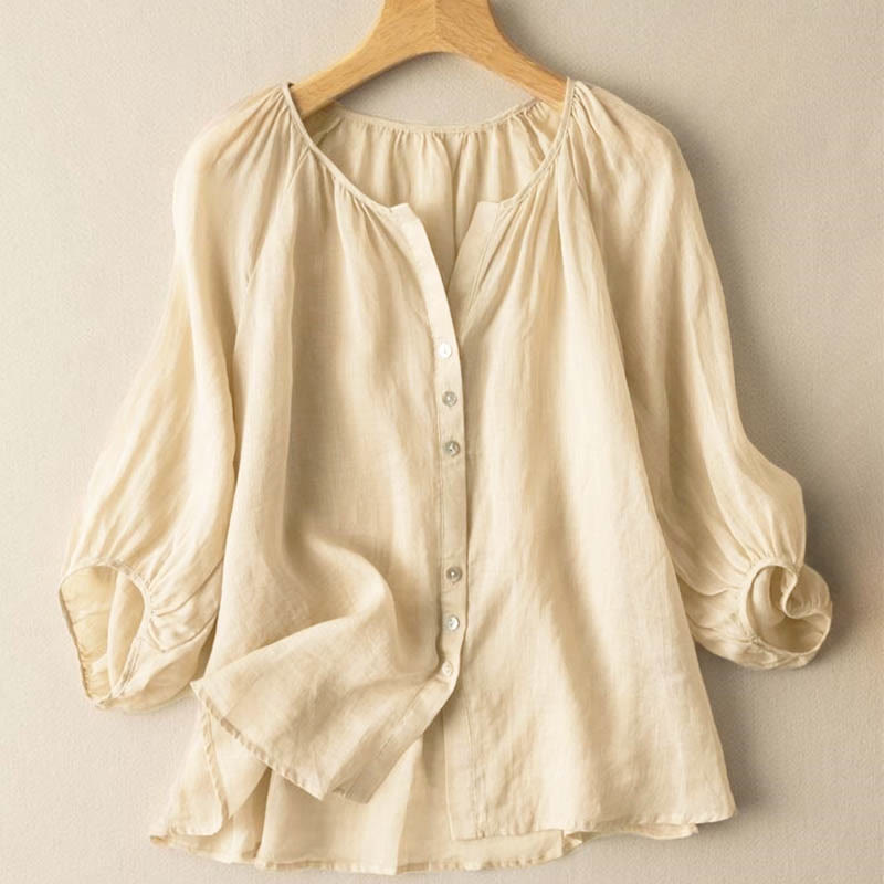 Buddha Stones Vintage Button Three Quarter Puff Sleeve V-Neck Cotton Women's Shirt - PaleGoldenrod - US14，UK/AU18，EU46 (4XL) - image 9