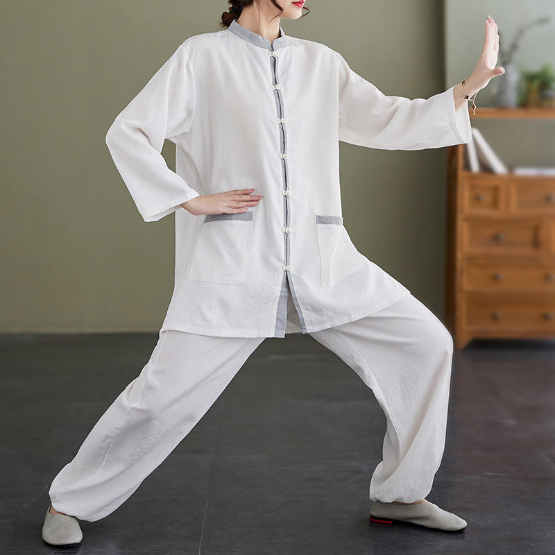 Buddha Stones 2pcs Cotton Tai Chi Shirt Top Pants Meditation Zen Clothing Women's Set - White - US8-10，UK/AU12-14，EU40-42 (2XL) - image 6