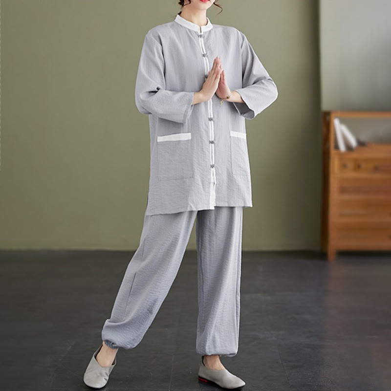 Buddha Stones 2pcs Cotton Tai Chi Shirt Top Pants Meditation Zen Clothing Women's Set - image 1