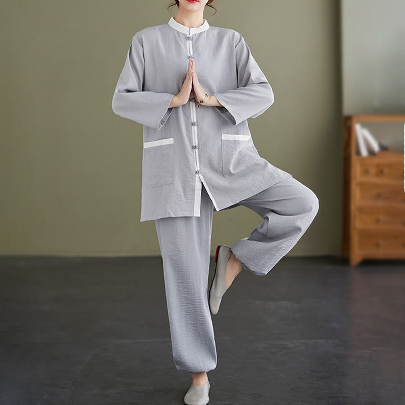 Buddha Stones 2pcs Cotton Tai Chi Shirt Top Pants Meditation Zen Clothing Women's Set - LightSteelBlue - US8-10，UK/AU12-14，EU40-42 (2XL) - image 0