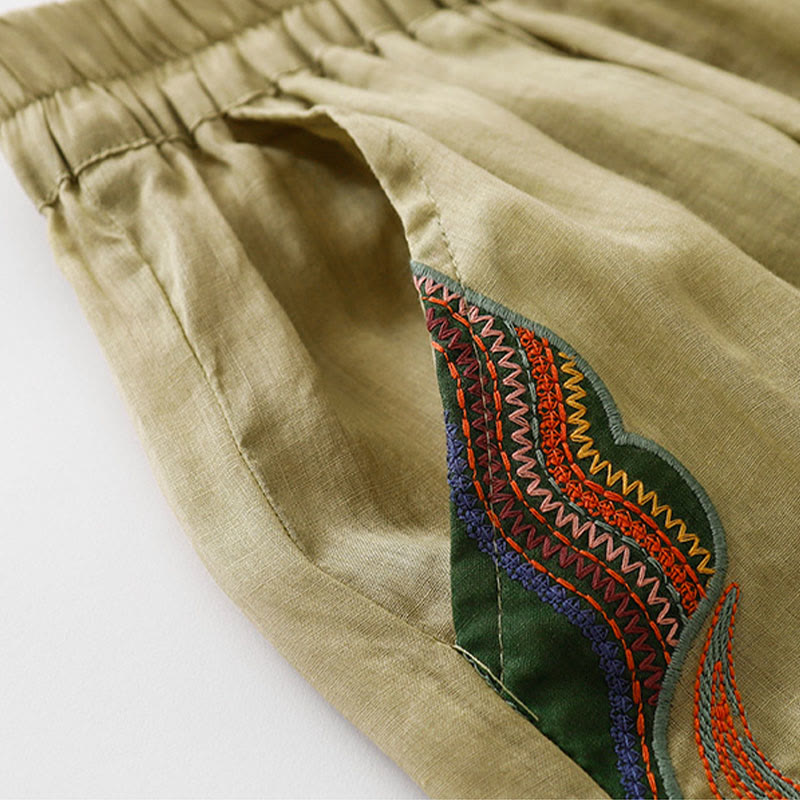 Buddha Stones Casual Flower Embroidery Women's Cotton Linen Elastic Waist  Wide Leg Pants With Pockets - image 2