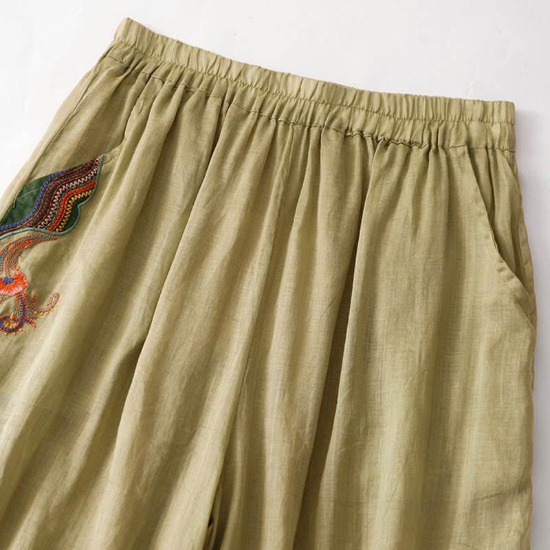 Buddha Stones Casual Flower Embroidery Women's Cotton Linen Elastic Waist  Wide Leg Pants With Pockets - image 1