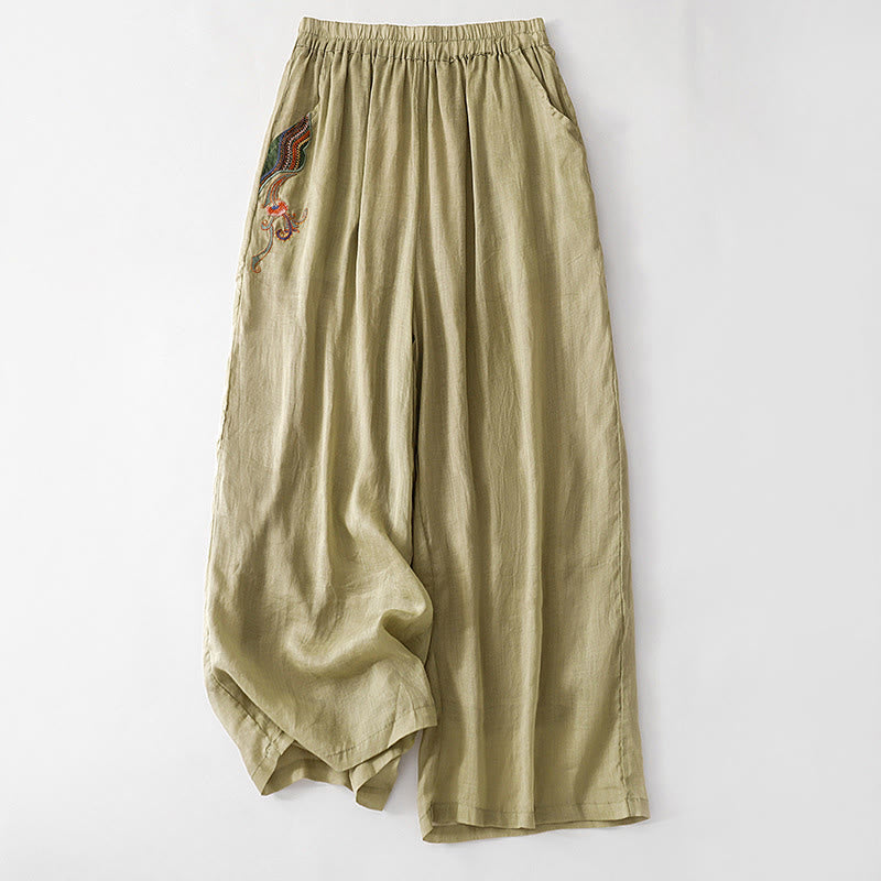 Buddha Stones Casual Flower Embroidery Women's Cotton Linen Elastic Waist  Wide Leg Pants With Pockets - DarkKhaki - US8-10，UK/AU12-14，EU40-42 (2XL) - image 0