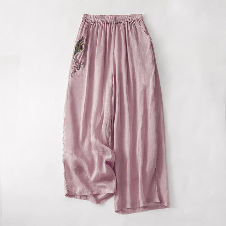 Buddha Stones Casual Flower Embroidery Women's Cotton Linen Elastic Waist  Wide Leg Pants With Pockets - PaleVioletRed - US8-10，UK/AU12-14，EU40-42 (2XL) - image 7