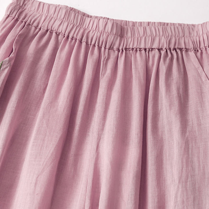 Buddha Stones Casual Flower Embroidery Women's Cotton Linen Elastic Waist  Wide Leg Pants With Pockets - image 9