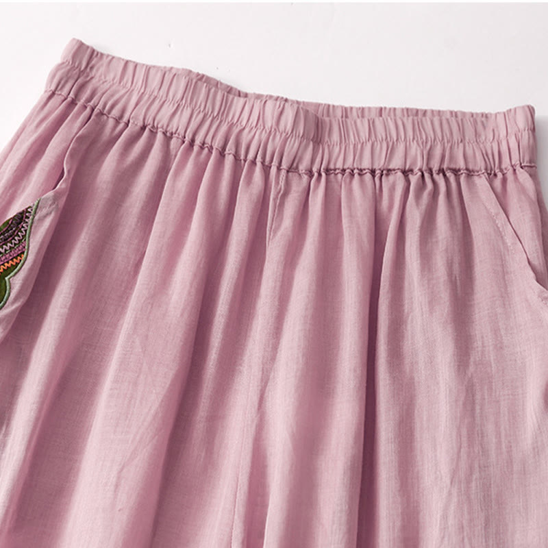 Buddha Stones Casual Flower Embroidery Women's Cotton Linen Elastic Waist  Wide Leg Pants With Pockets - image 8