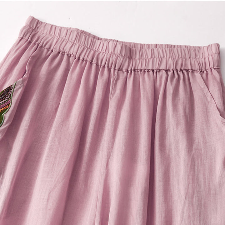 Buddha Stones Casual Flower Embroidery Women's Cotton Linen Elastic Waist  Wide Leg Pants With Pockets - image 8