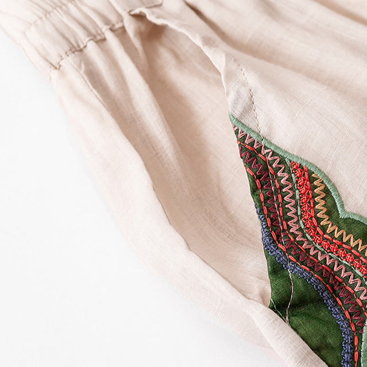 Buddha Stones Casual Flower Embroidery Women's Cotton Linen Elastic Waist  Wide Leg Pants With Pockets - image 22