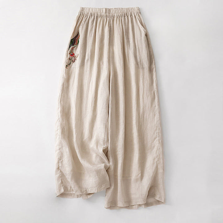 Buddha Stones Casual Flower Embroidery Women's Cotton Linen Elastic Waist  Wide Leg Pants With Pockets - AntiqueWhite - US8-10，UK/AU12-14，EU40-42 (2XL) - image 17