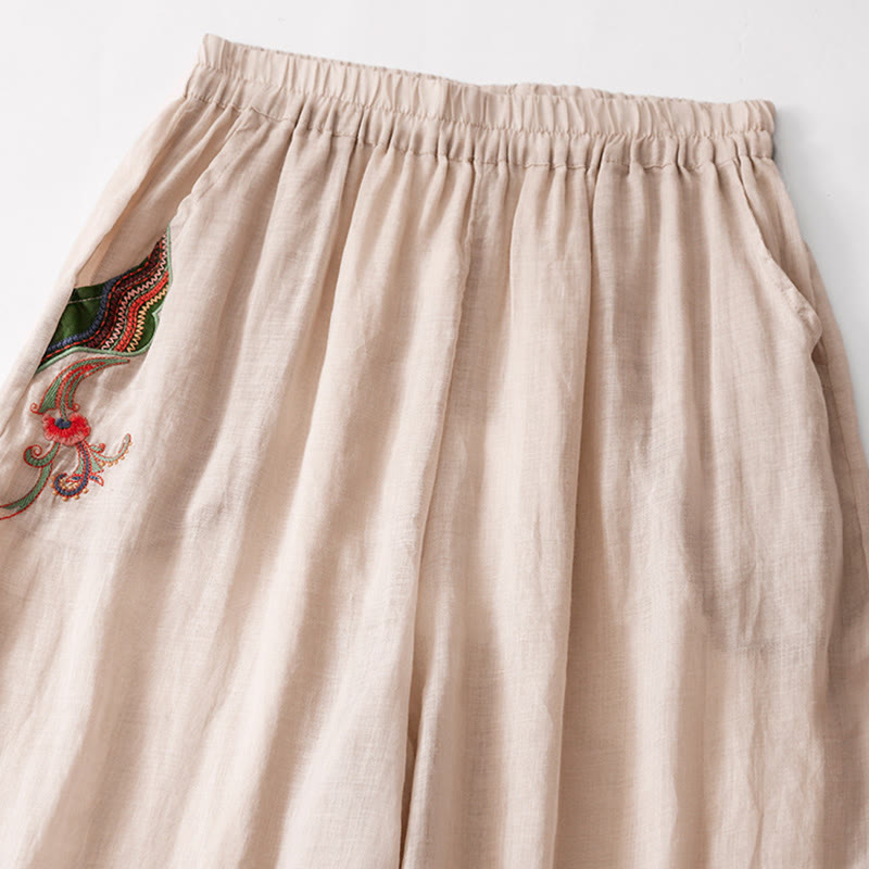 Buddha Stones Casual Flower Embroidery Women's Cotton Linen Elastic Waist  Wide Leg Pants With Pockets - image 19