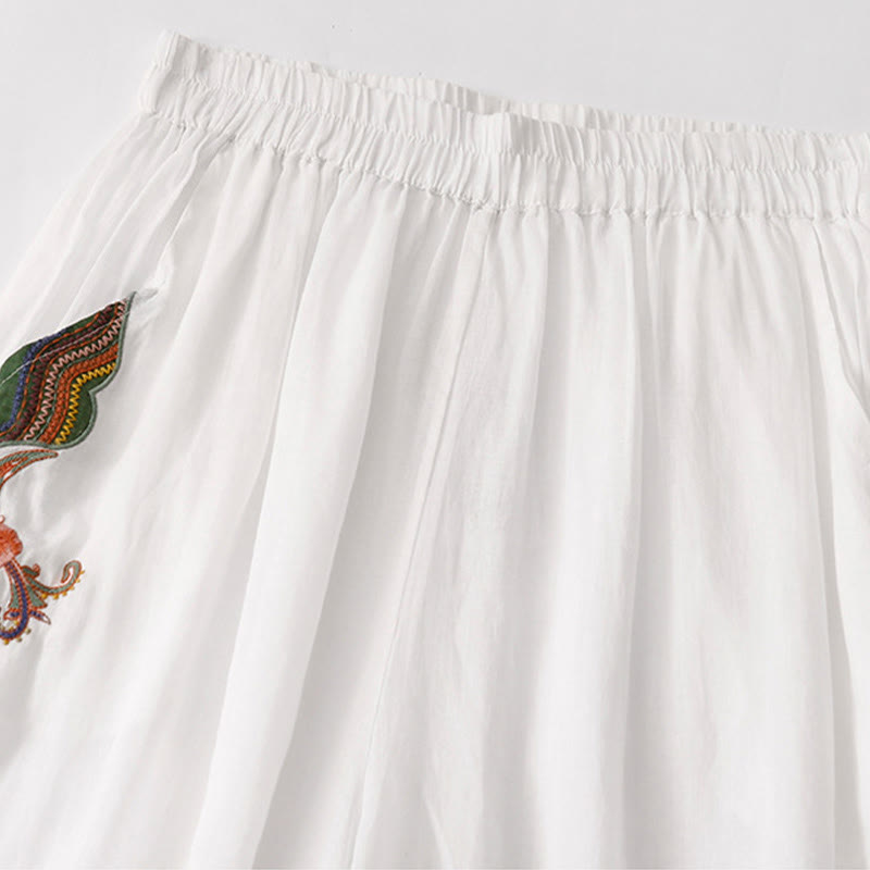 Buddha Stones Casual Flower Embroidery Women's Cotton Linen Elastic Waist  Wide Leg Pants With Pockets - image 26