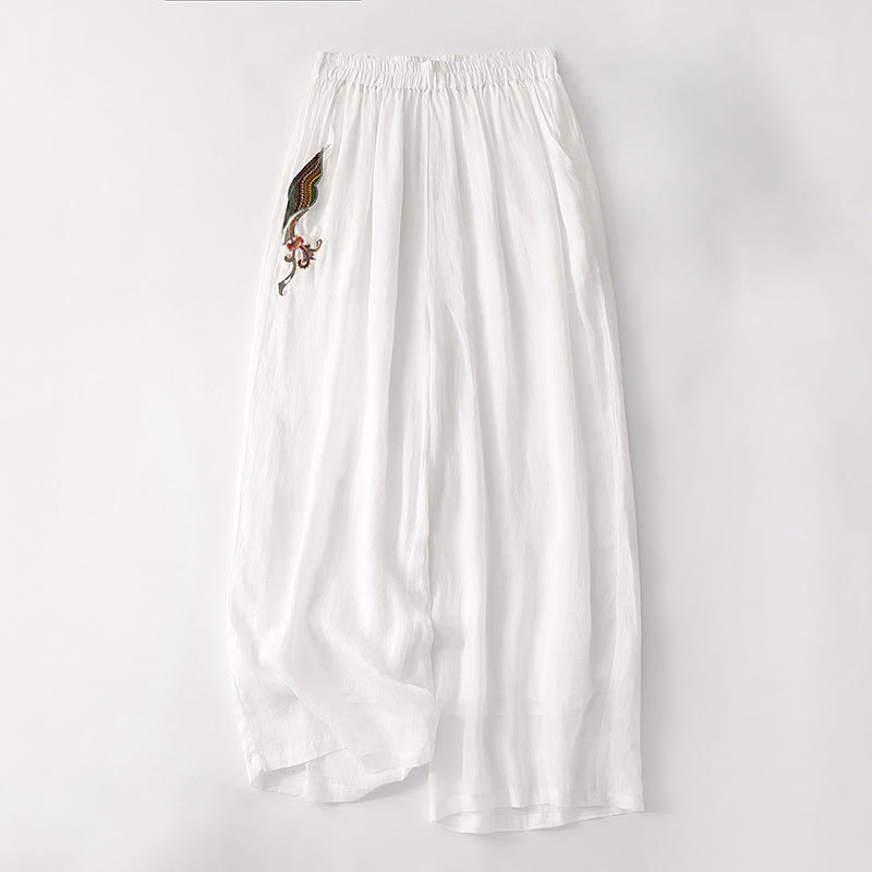 Buddha Stones Casual Flower Embroidery Women's Cotton Linen Elastic Waist  Wide Leg Pants With Pockets - White - US8-10，UK/AU12-14，EU40-42 (2XL) - image 25
