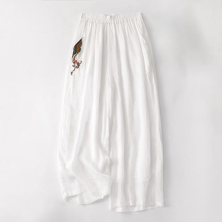 Buddha Stones Casual Flower Embroidery Women's Cotton Linen Elastic Waist  Wide Leg Pants With Pockets - White - US8-10，UK/AU12-14，EU40-42 (2XL) - image 25