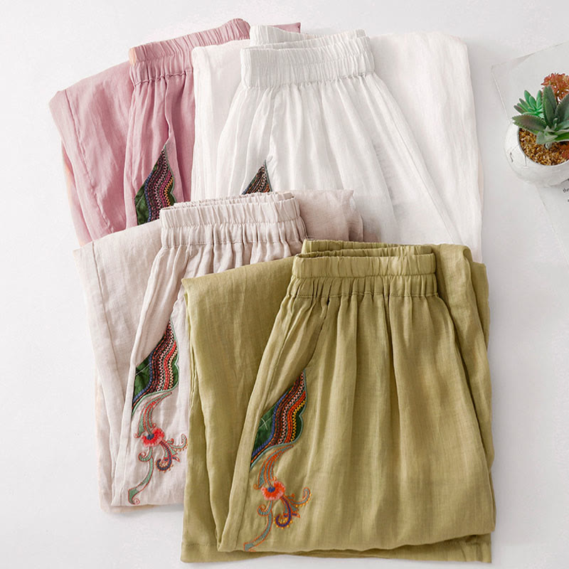 Buddha Stones Casual Flower Embroidery Women's Cotton Linen Elastic Waist  Wide Leg Pants With Pockets - image 32