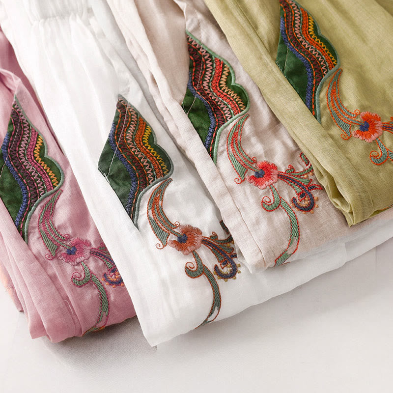Buddha Stones Casual Flower Embroidery Women's Cotton Linen Elastic Waist  Wide Leg Pants With Pockets - image 34