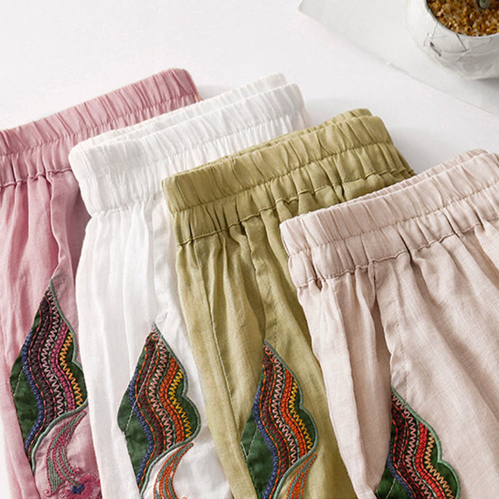 Buddha Stones Casual Flower Embroidery Women's Cotton Linen Elastic Waist  Wide Leg Pants With Pockets - image 33