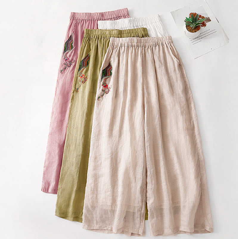 Buddha Stones Casual Flower Embroidery Women's Cotton Linen Elastic Waist  Wide Leg Pants With Pockets - image 31