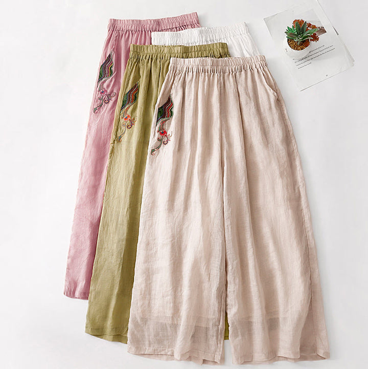 Buddha Stones Casual Flower Embroidery Women's Cotton Linen Elastic Waist  Wide Leg Pants With Pockets - image 31