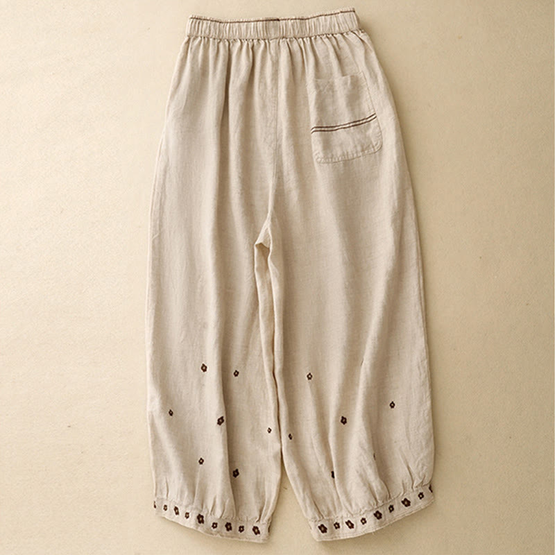 Buddha Stones Casual Embroidered Petals Women's Cotton Linen 7-8 Length Harem Pants With Pockets - image 1