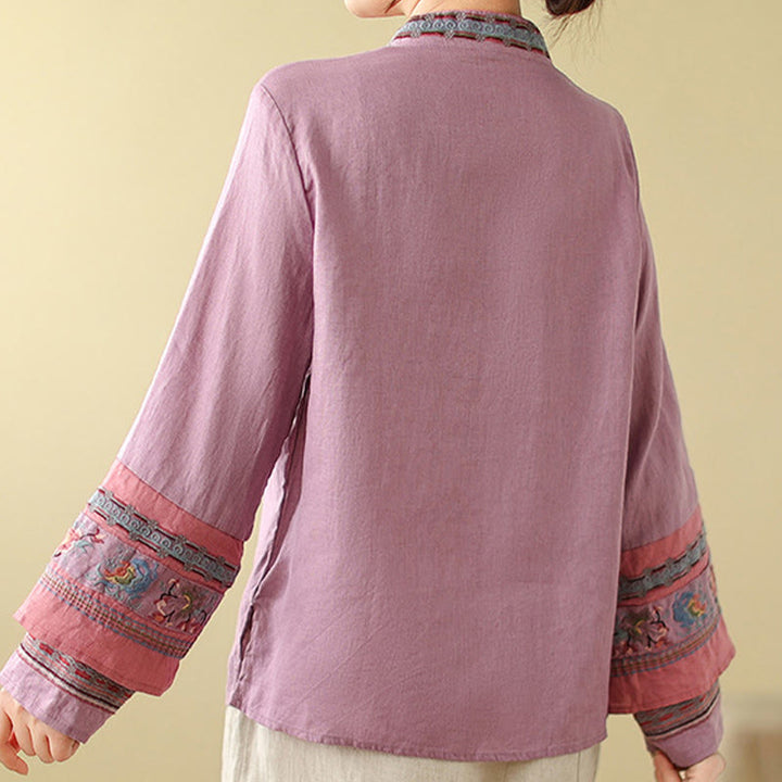 Buddha Stones Embroidered Slanted Buttons Cotton Linen Women's Shirt - image 4