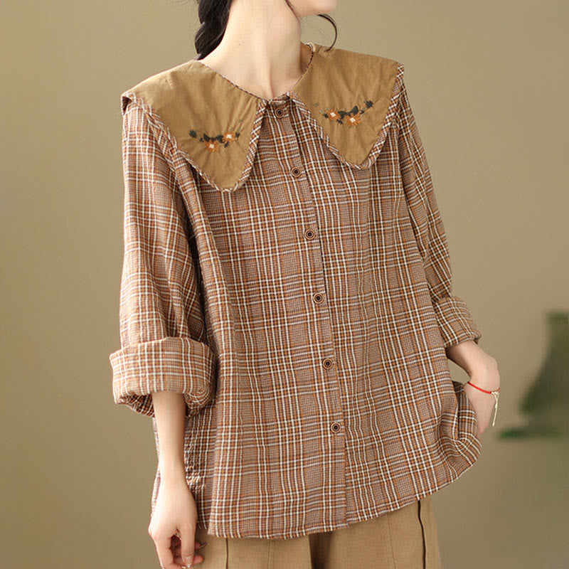 Buddha Stones Embroidered Plaid Pattern Cotton Women's Shirt - image 3