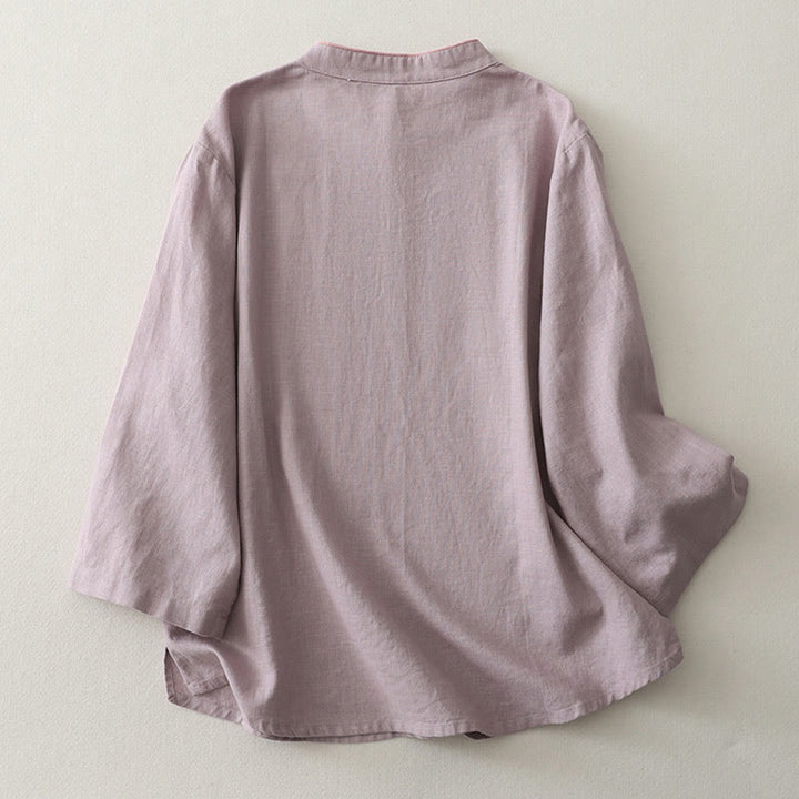 Buddha Stones Plain Slanted Buttons Cotton Linen Women's Shirt - image 3