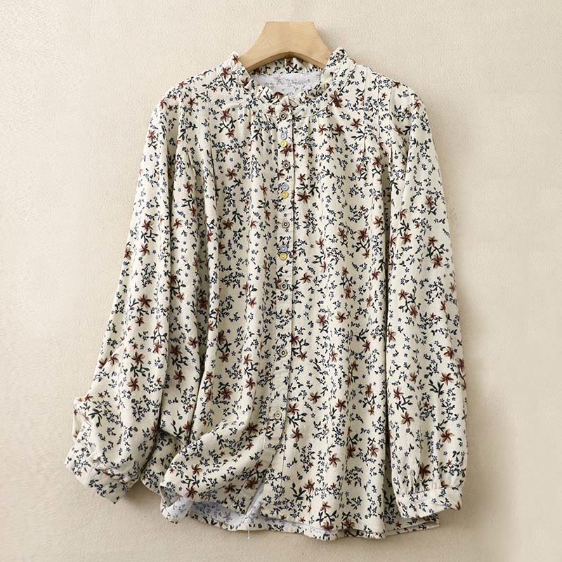 Buddha Stones Casual Florals Crew Neck Cotton Linen Women's Shirt - Beige - US14，UK/AU18，EU46 (2XL) - image 0