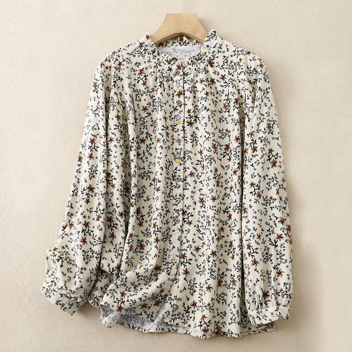 Buddha Stones Casual Florals Crew Neck Cotton Linen Women's Shirt - Beige - US14，UK/AU18，EU46 (2XL) - image 0