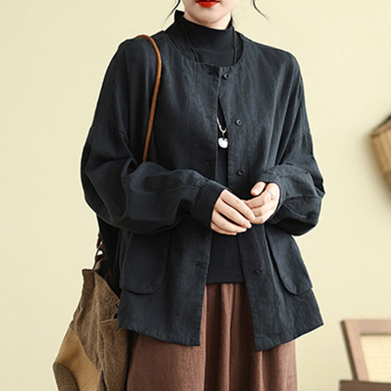 Buddha Stones Plain Design Long Sleeve Women's Cotton Linen Jacket With Pockets - image 13