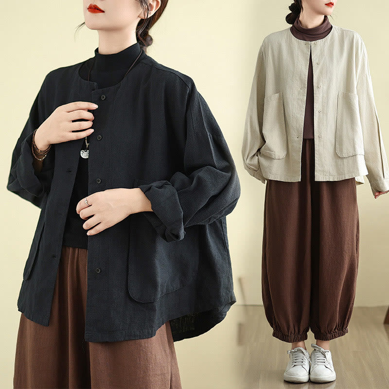 Buddha Stones Plain Design Long Sleeve Women's Cotton Linen Jacket With Pockets - image 17