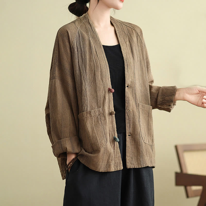 Buddha Stones Plain Long Sleeve Women's Cotton Linen Jacket With Pockets - Tan - US14，UK/AU18，EU46 (2XL) - image 0