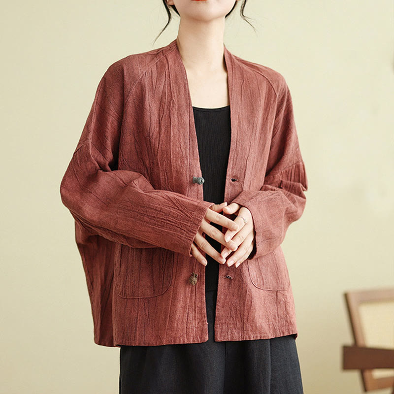 Buddha Stones Plain Long Sleeve Women's Cotton Linen Jacket With Pockets - IndianRed - US14，UK/AU18，EU46 (2XL) - image 7