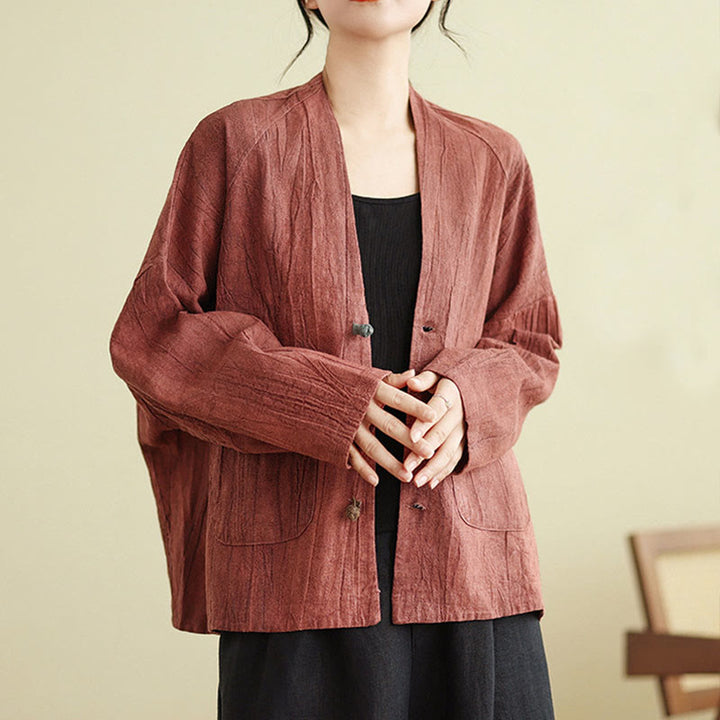 Buddha Stones Plain Long Sleeve Women's Cotton Linen Jacket With Pockets - IndianRed - US14，UK/AU18，EU46 (2XL) - image 7