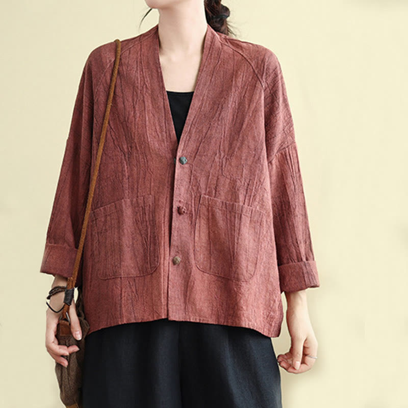 Buddha Stones Plain Long Sleeve Women's Cotton Linen Jacket With Pockets - image 8