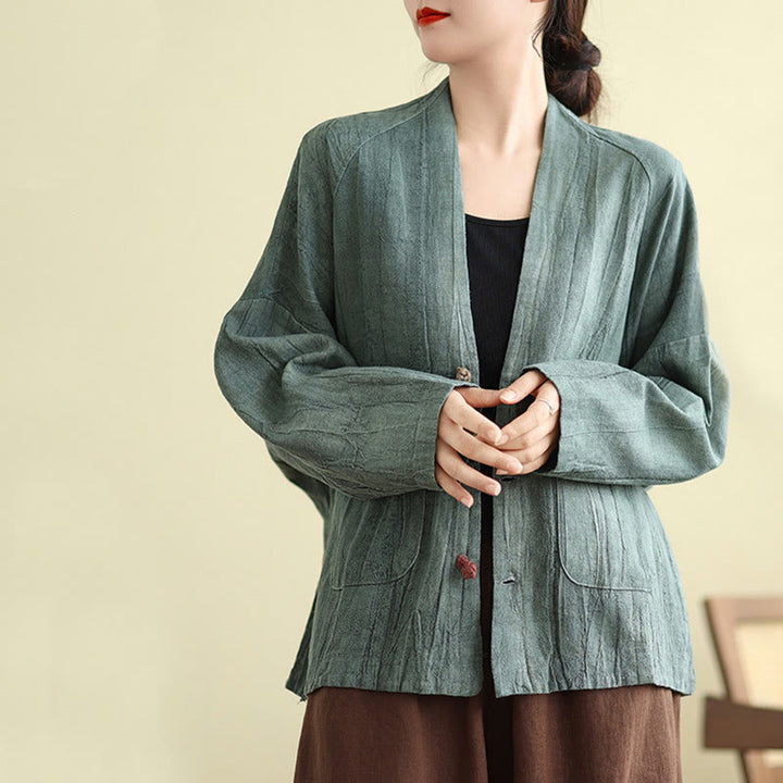Buddha Stones Plain Long Sleeve Women's Cotton Linen Jacket With Pockets - image 21
