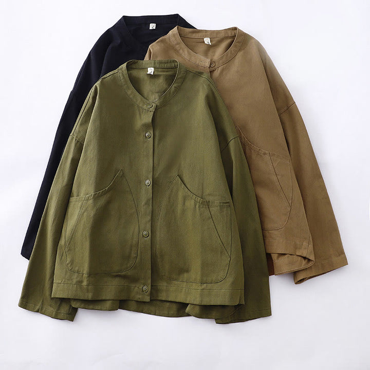 Buddha Stones Solid Color Long Sleeve Women's Cotton Jacket With Pockets - image 22