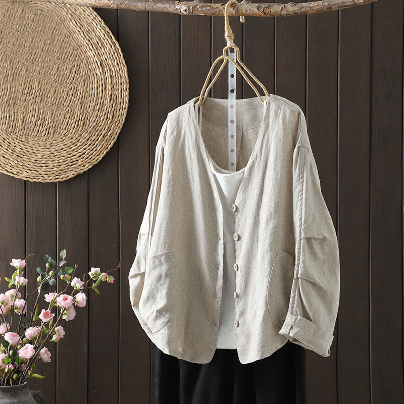Buddha Stones Pure Color V-neck Women's Jacket With Pockets - Beige - US14，UK/AU18，EU46 (2XL) - image 0