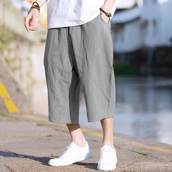 Buddha Stones Summer Plain Pleat Design Drawstring Men's 7-8 Length Cotton Linen Pants With Pockets - Gray - US/UK/AU46，EU56 (5XL) - image 0