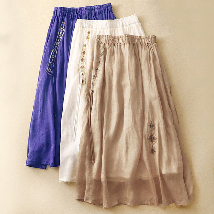 Buddha Stones Ethnic Vintage Embroidery Button Design Women's Cotton Linen 7-8 Length Skirt - image 18