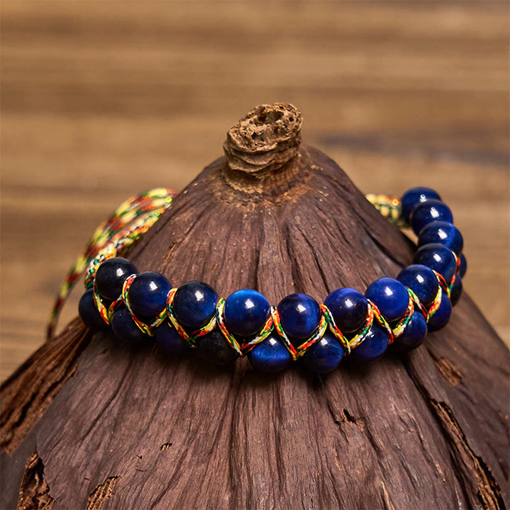 Buddha Stones Natural Blue Tiger Eye Hand-woven Colored Rope Double Row Beads Balance Bracelet - image 2