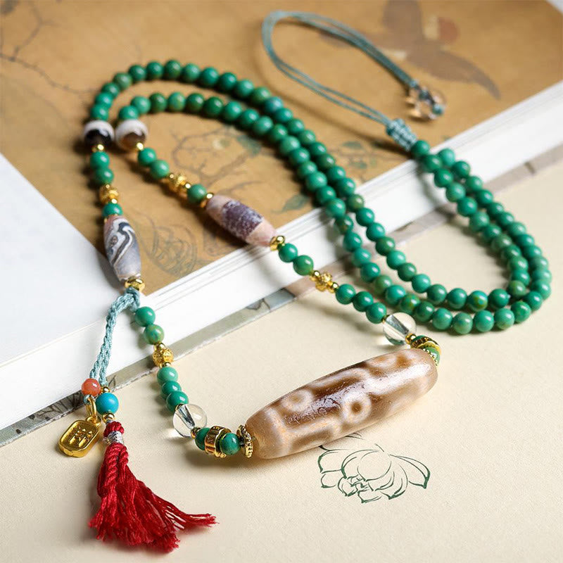 Buddha Stones Tibet Dzi Bead Turquoise Bead Chain Protection Necklace Pendant - image 4