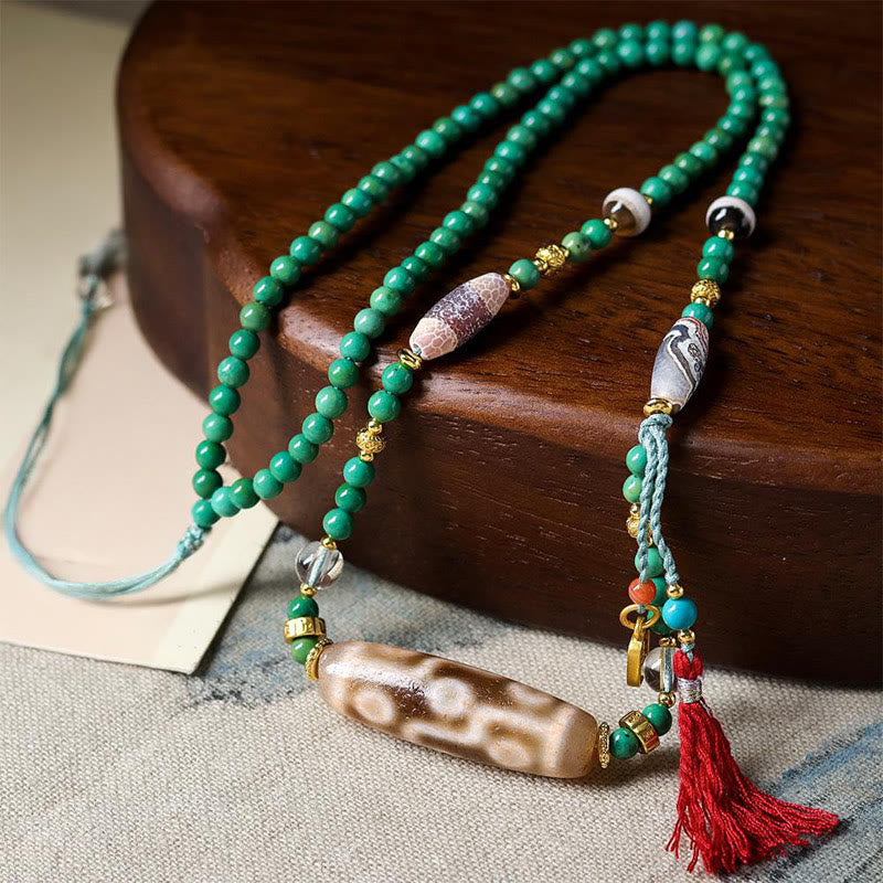 Buddha Stones Tibet Dzi Bead Turquoise Bead Chain Protection Necklace Pendant - Turquoise & Dzi Bead - image 0