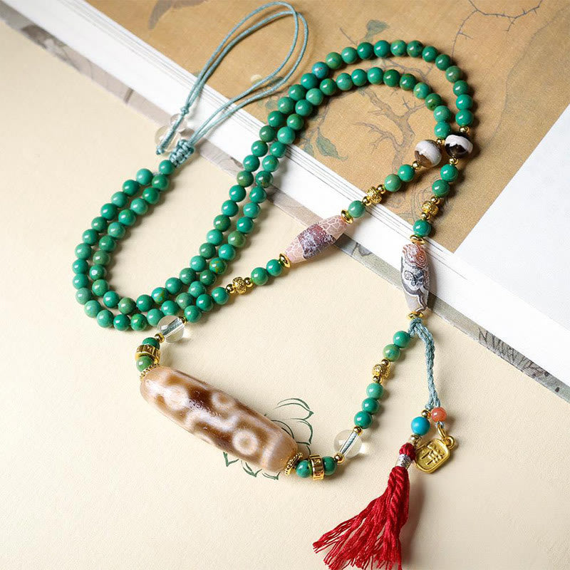 Buddha Stones Tibet Dzi Bead Turquoise Bead Chain Protection Necklace Pendant - image 1