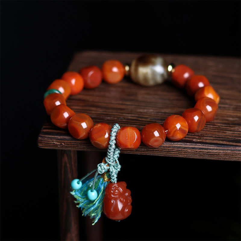 Buddha Stones Natural South Red Agate Pixiu Dzi Bead Fortune Luck Bracelet - South Red Agate & PiXiu (Wrist Circumference: 15-18cm) - image 0
