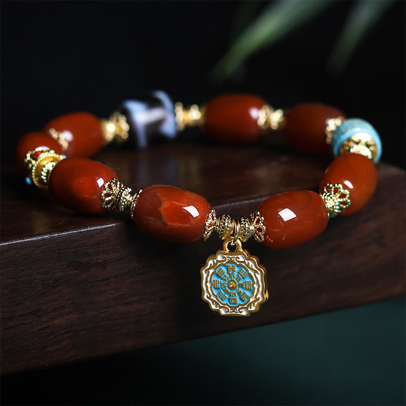 Buddha Stones Natural South Red Agate Bagua Dzi Bead Power Bracelet - South Red Agate & Bagua (Wrist Circumference: 15-18cm) - image 0