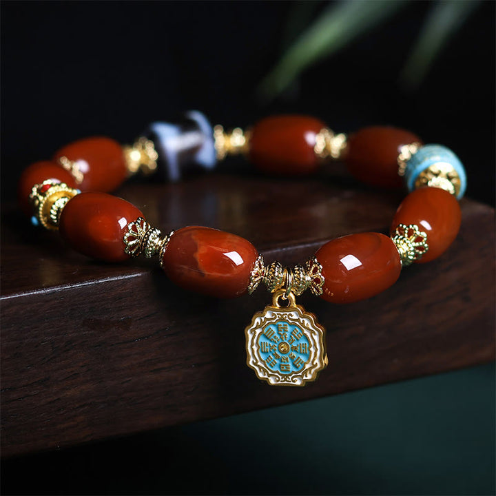 Buddha Stones Natural South Red Agate Bagua Dzi Bead Power Bracelet - South Red Agate & Bagua (Wrist Circumference: 15-18cm) - image 0