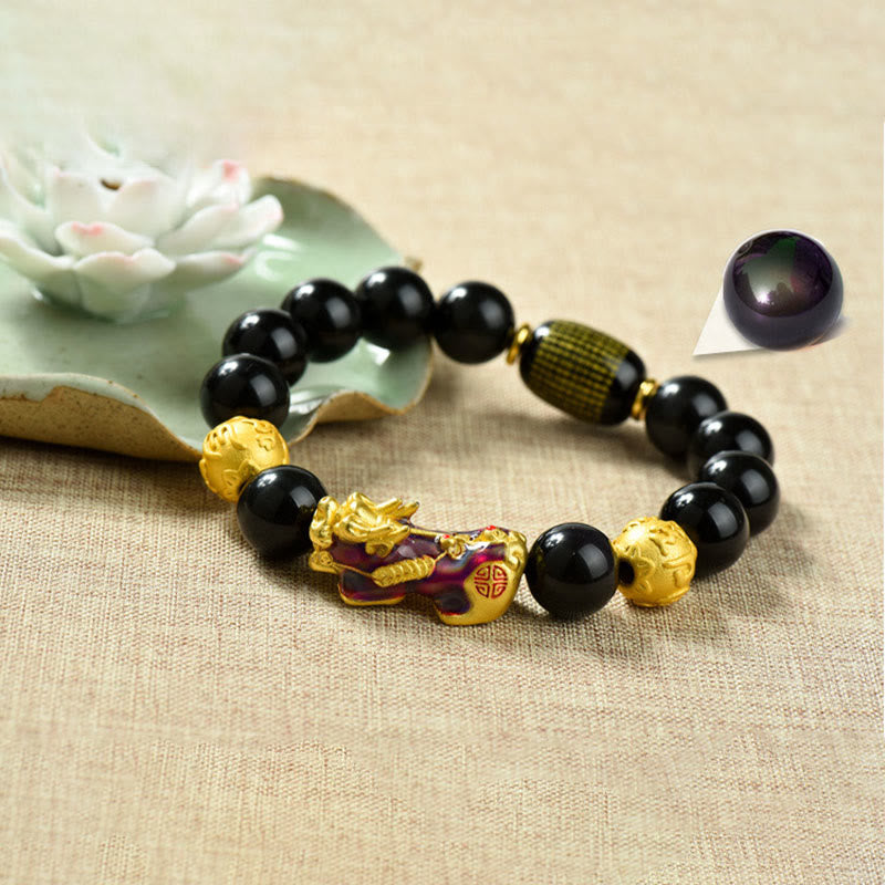 Buddha Stones Fengshui Copper Pixiu Rainbow Obsidian Beads Wealth Bracelet - Om Mani Padme Hum & Color-changing Pixiu(Wrist circumference:18-19cm) - image 9