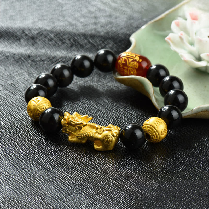 Buddha Stones Fengshui Copper Pixiu Rainbow Obsidian Beads Wealth Bracelet - Om Mani Padme Hum & Brass Pixiu(Wrist circumference:18-19cm) - image 22