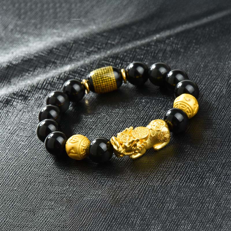 Buddha Stones Fengshui Copper Pixiu Rainbow Obsidian Beads Wealth Bracelet - Om Mani Padme Hum & Fu Character & Brass Pixiu(Wrist circumference:18-19cm) - image 25