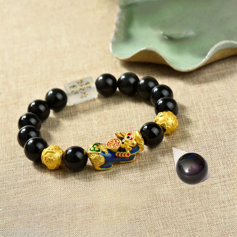 Buddha Stones Fengshui Copper Pixiu Rainbow Obsidian Beads Wealth Bracelet - Om Mani Padme Hum & Fu Character & Color-changing Pixiu(Wrist circumference:18-19cm) - image 0